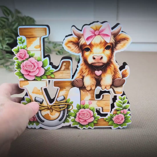 Highland Cow Love Shelf Sitter – Personalized Love Sign, Wooden Valentine Mantel & Tiered Tray Decor