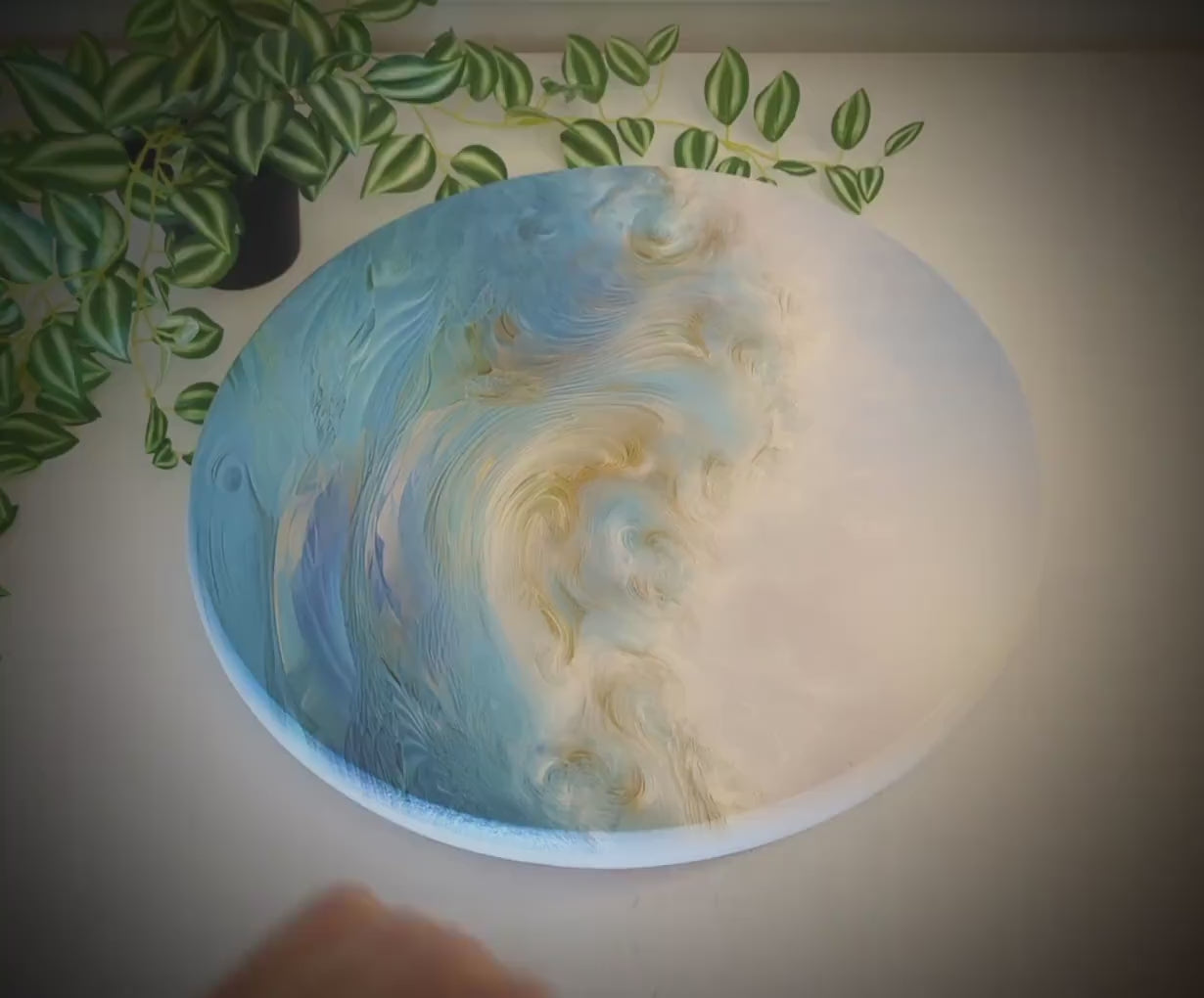 Ocean Wave Blue and Gold Wood Lazy Susan Turntable, Personalized Kitchen and Bath Organizer, Dining Table Centerpiece, Unique Gift Size Vary