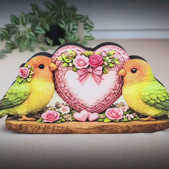 Love Birds Shelf Sitter – Personalized Heart, Wooden Valentine Mantel & Tiered Tray Decor