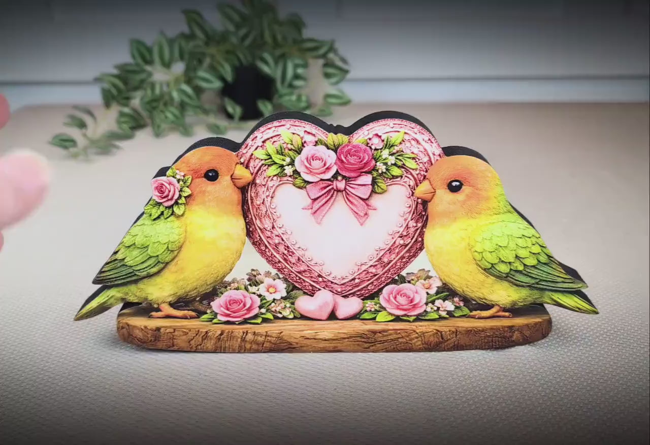 Love Birds Shelf Sitter – Personalized Heart, Wooden Valentine Mantel & Tiered Tray Decor