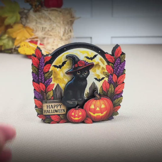Black Witch Cat Halloween Shelf Sitter – Multi-Layer Wooden Scene with Pumpkins, Moon & Bats. A Little Moonlit Magic With A Spooky Glow