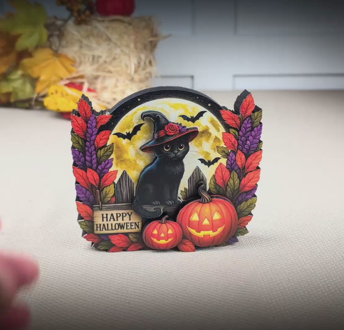 Black Witch Cat Halloween Shelf Sitter – Multi-Layer Wooden Scene with Pumpkins, Moon & Bats. A Little Moonlit Magic With A Spooky Glow
