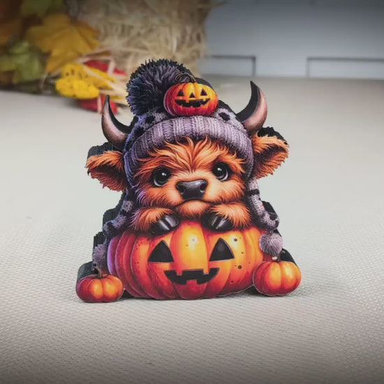 Halloween Highland Cow Shelf Sitter – Baby Cow with Pumpkins, Cute meets spooky, Décor Accent for Tiered Trays, Mantels & Shelves