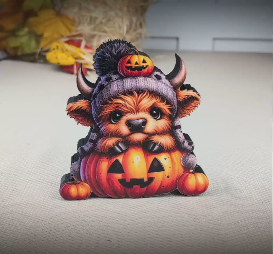 Halloween Highland Cow Shelf Sitter – Baby Cow with Pumpkins, Cute meets spooky, Décor Accent for Tiered Trays, Mantels & Shelves