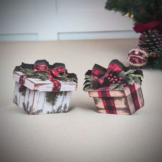 Christmas Gift Box Shelf Sitters – Set of 2, Multi-layered Rustic Buffalo Plaid or Whitewashed Greenery,  “Gifts” That Unwrap Big Cozy Vibes