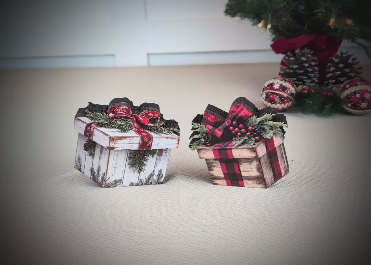 Christmas Gift Box Shelf Sitters – Set of 2, Multi-layered Rustic Buffalo Plaid or Whitewashed Greenery,  “Gifts” That Unwrap Big Cozy Vibes