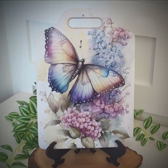 Butterfly Violets Kitchen Decor, Environmentally Friendly Handled Bamboo Cutting Board Decorated with UV Ink with Unique Butterfly w/Violets