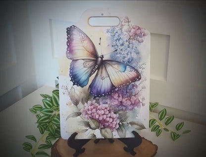 Butterfly Violets Kitchen Decor, Environmentally Friendly Handled Bamboo Cutting Board Decorated with UV Ink with Unique Butterfly w/Violets