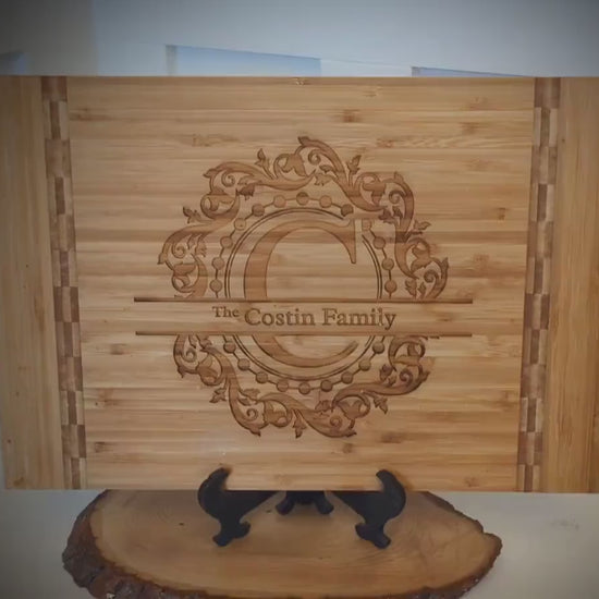 Split Monogram Personalized Bamboo Cutting Board with Easel - Eco-Friendly Housewarming Gift for New Home