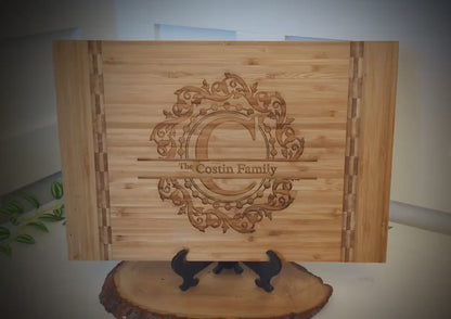 Split Monogram Personalized Bamboo Cutting Board with Easel - Eco-Friendly Housewarming Gift for New Home