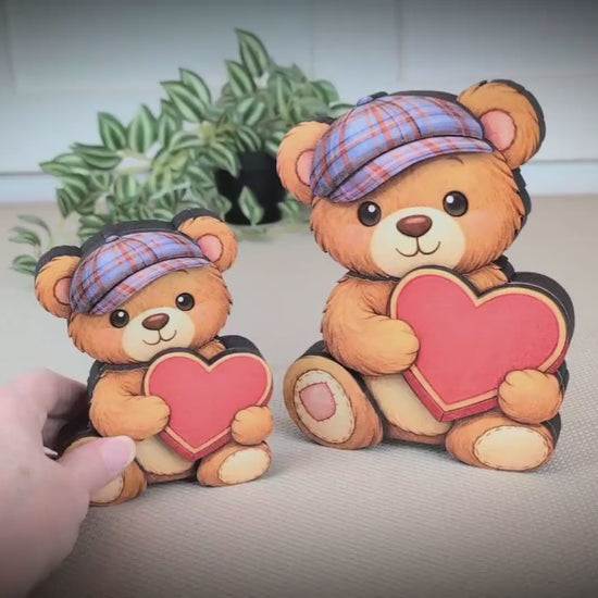 Valentine Teddy Bear Shelf Sitter – Personalized Heart, Two Sizes, Wooden Mantel & Tiered Tray Decor