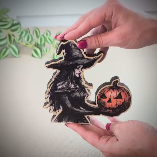 Halloween Witch Shelf Sitter – Solid poplar Wood Decor, she protects the magic, For Tiered Trays. Mantels  & Shelves, Rustic Farmhouse