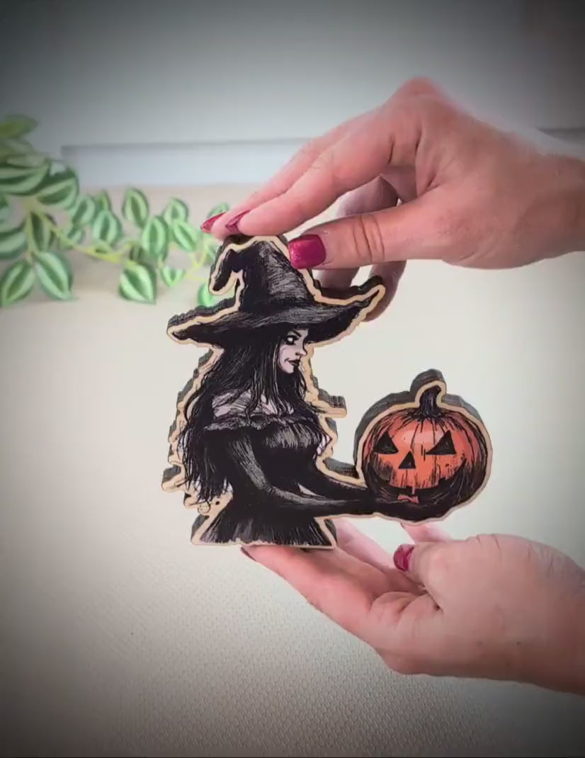 Halloween Witch Shelf Sitter – Solid poplar Wood Decor, she protects the magic, For Tiered Trays. Mantels  & Shelves, Rustic Farmhouse