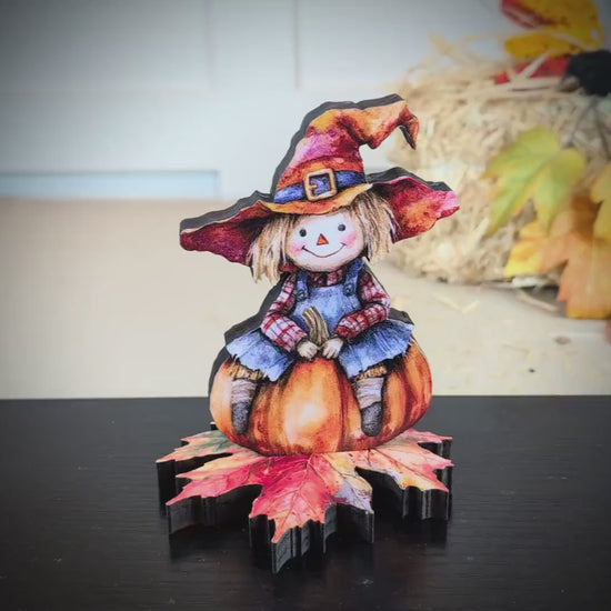 Personalized Fall Scarecrow Shelf Sitter – Solid Pine Wood, Autumn Decor