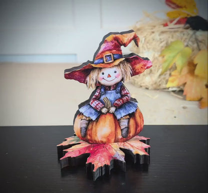 Personalized Fall Scarecrow Shelf Sitter – Solid Pine Wood, Autumn Decor