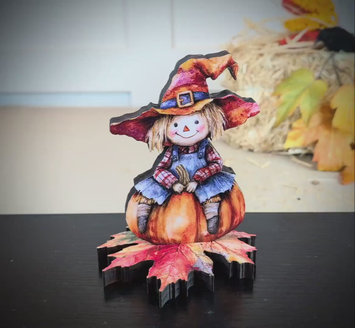 Personalized Fall Scarecrow Shelf Sitter – Solid Pine Wood, Autumn Decor