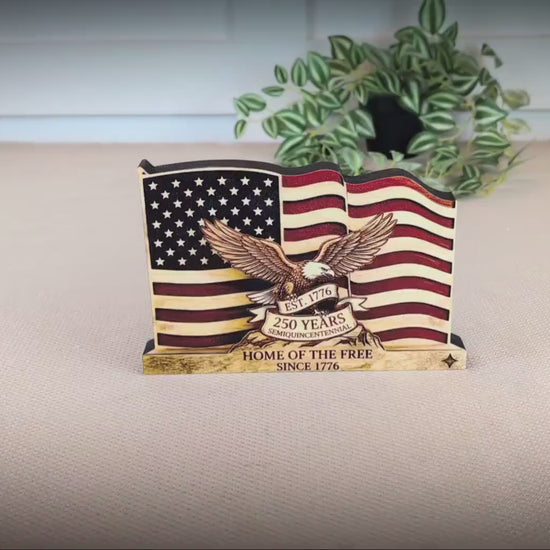 Personalized Patriotic Flag Shelf Sitter, Americana Eagle Decor, 250 Year America Keepsake, Home of the Free Tabletop Sign