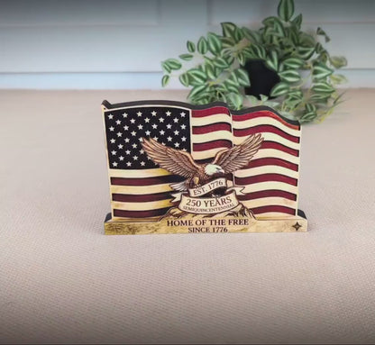 Personalized Patriotic Flag Shelf Sitter, Americana Eagle Decor, 250 Year America Keepsake, Home of the Free Tabletop Sign