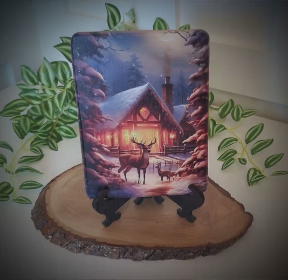 Winter Cabin Cutting Board, Rustic Winter Deer Kitchen Decor, Environmentally Friendly Bamboo Cutting Board decorated using UV Ink