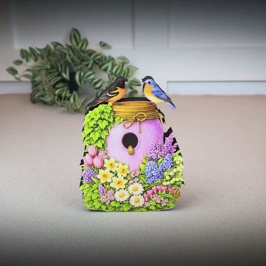 Personalized Purple Mason Jar Birdhouse Shelf Sitter – Spring Flowers and Chickadees – Custom Name Kids Room Decor Mantel & Tiered Tray