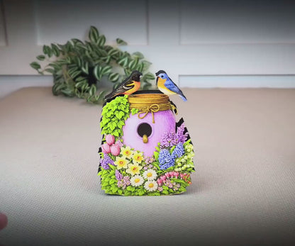 Personalized Purple Mason Jar Birdhouse Shelf Sitter – Spring Flowers and Chickadees – Custom Name Kids Room Decor Mantel & Tiered Tray