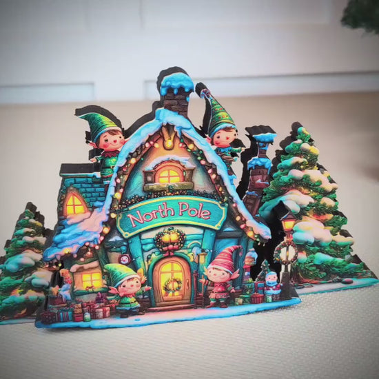 Santa’s North Pole Workshop Shelf Sitter – Personalized Multi-Layer Wooden Christmas Village Decor, Storybook Glow  for Your Mantel