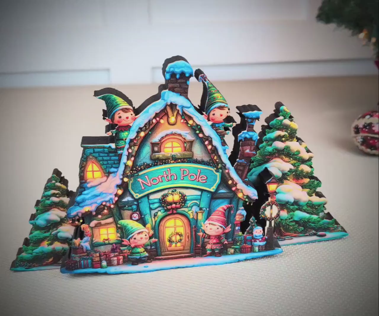 Santa’s North Pole Workshop Shelf Sitter – Personalized Multi-Layer Wooden Christmas Village Decor, Storybook Glow  for Your Mantel