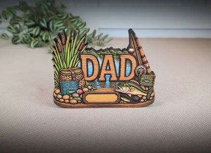 Personalized Bass Dad Fishing Shelf Sitter, Fathers Day Gift for Fisherman Angler, Rustic Hand Cut Poplar Tiered Tray Decor, Lake House Sign