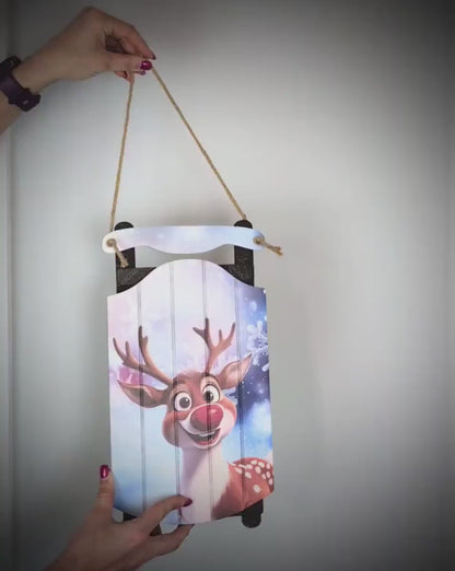 Rudolph Sled Wall Hanging – Personalize Red-Nosed Reindeer Sign for Storybook Holiday Cheer. Little Eyes Will Light Up When They See Rudolph