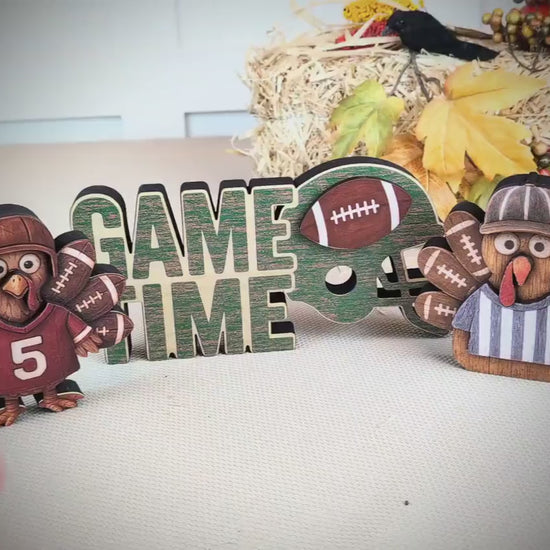 Football Turkey Shelf Sitter Set – “Game Time” Sign, Player & Referee, Personalized Jersey, Multi-Layered , a Touchdown of Team Spirit
