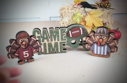 Football Turkey Shelf Sitter Set – “Game Time” Sign, Player & Referee, Personalized Jersey, Multi-Layered , a Touchdown of Team Spirit