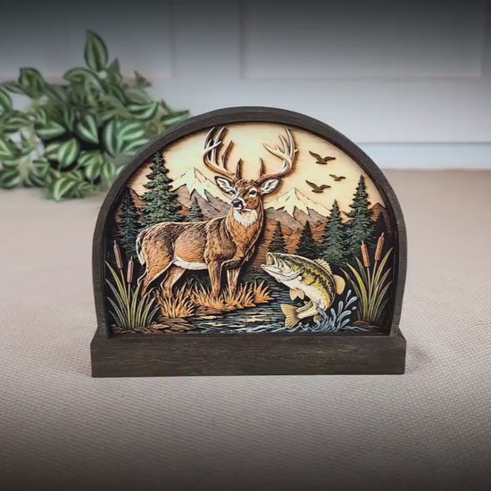 Personalized Deer and Bass Layered Wood Shelf Sitter, Cabin Decor, Hunting Fishing Mantel Tabletop, Fathers Day Gift for Outdoorsman
