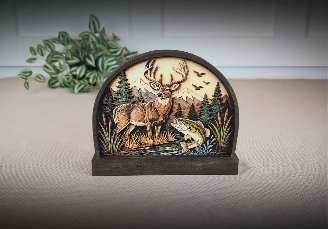 Personalized Deer and Bass Layered Wood Shelf Sitter, Cabin Decor, Hunting Fishing Mantel Tabletop, Fathers Day Gift for Outdoorsman