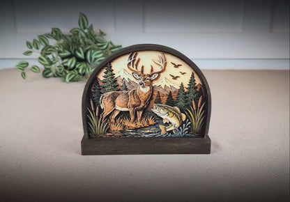 Personalized Deer and Bass Layered Wood Shelf Sitter, Cabin Decor, Hunting Fishing Mantel Tabletop, Fathers Day Gift for Outdoorsman