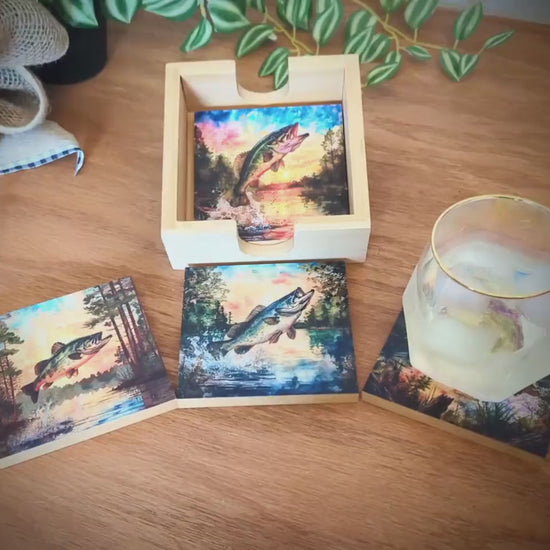 Personalized rustic wooden bass fishing drink coaster set of 4, modern farmhouse, fishing lovers gift, caddy included, decorative table