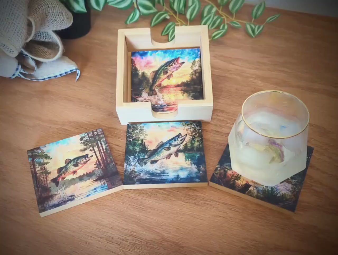 Personalized rustic wooden bass fishing drink coaster set of 4, modern farmhouse, fishing lovers gift, caddy included, decorative table