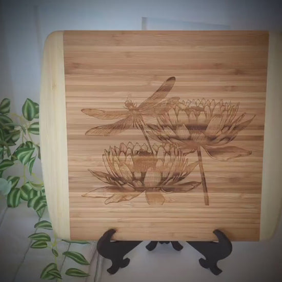 Dragonfly & Lotus Flowers Decorate this Bamboo Cutting Board and can be Personalized, Environmentally Friendly Gifts and Wood Easel Include