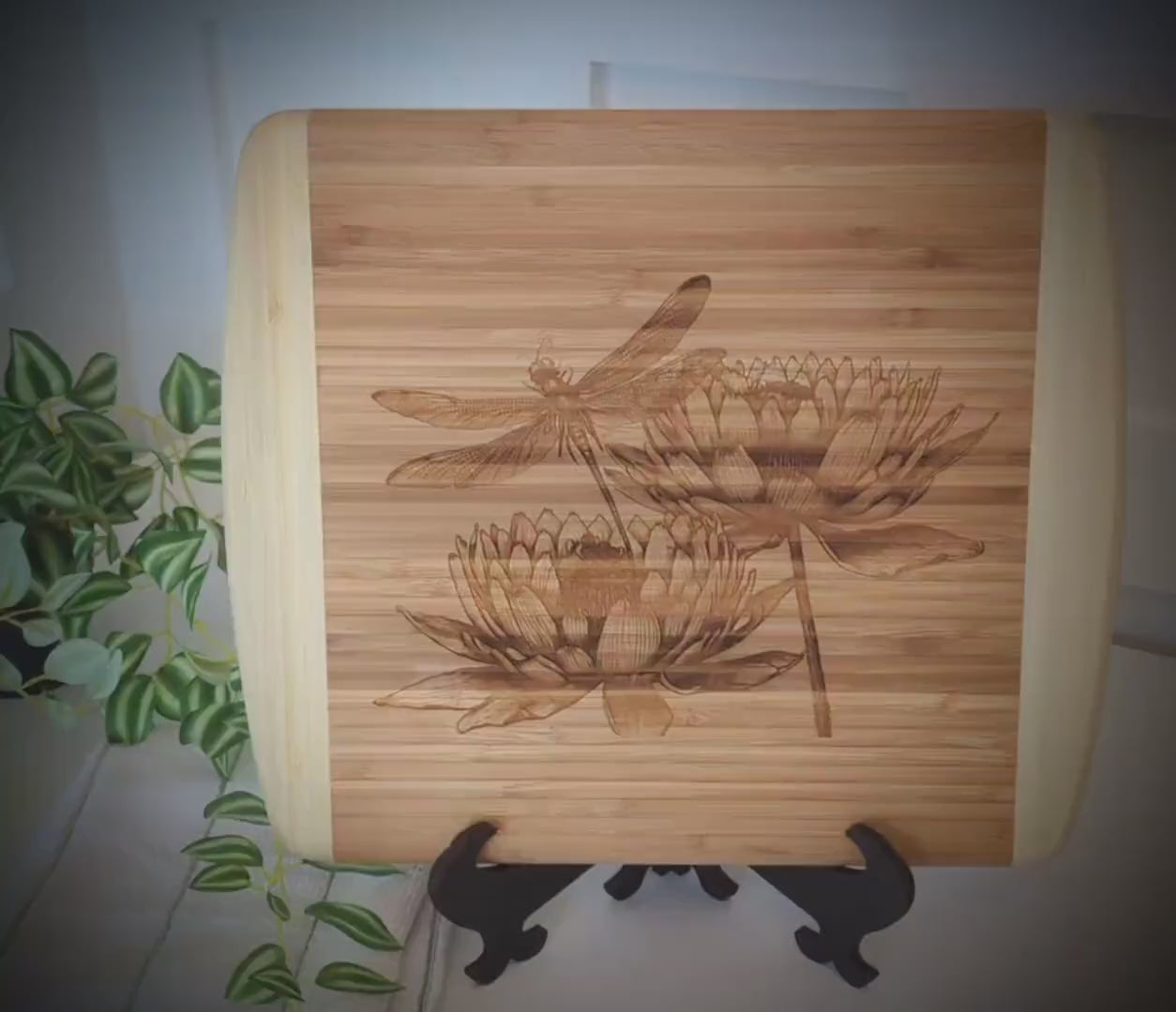 Dragonfly & Lotus Flowers Decorate this Bamboo Cutting Board and can be Personalized, Environmentally Friendly Gifts and Wood Easel Include