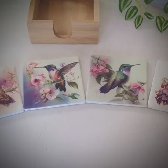 Unique Hummingbird Designs Decorate these Bamboo Drinkware/Beverage Coasters, great Gift for Hummingbird Lover and Mother's Day