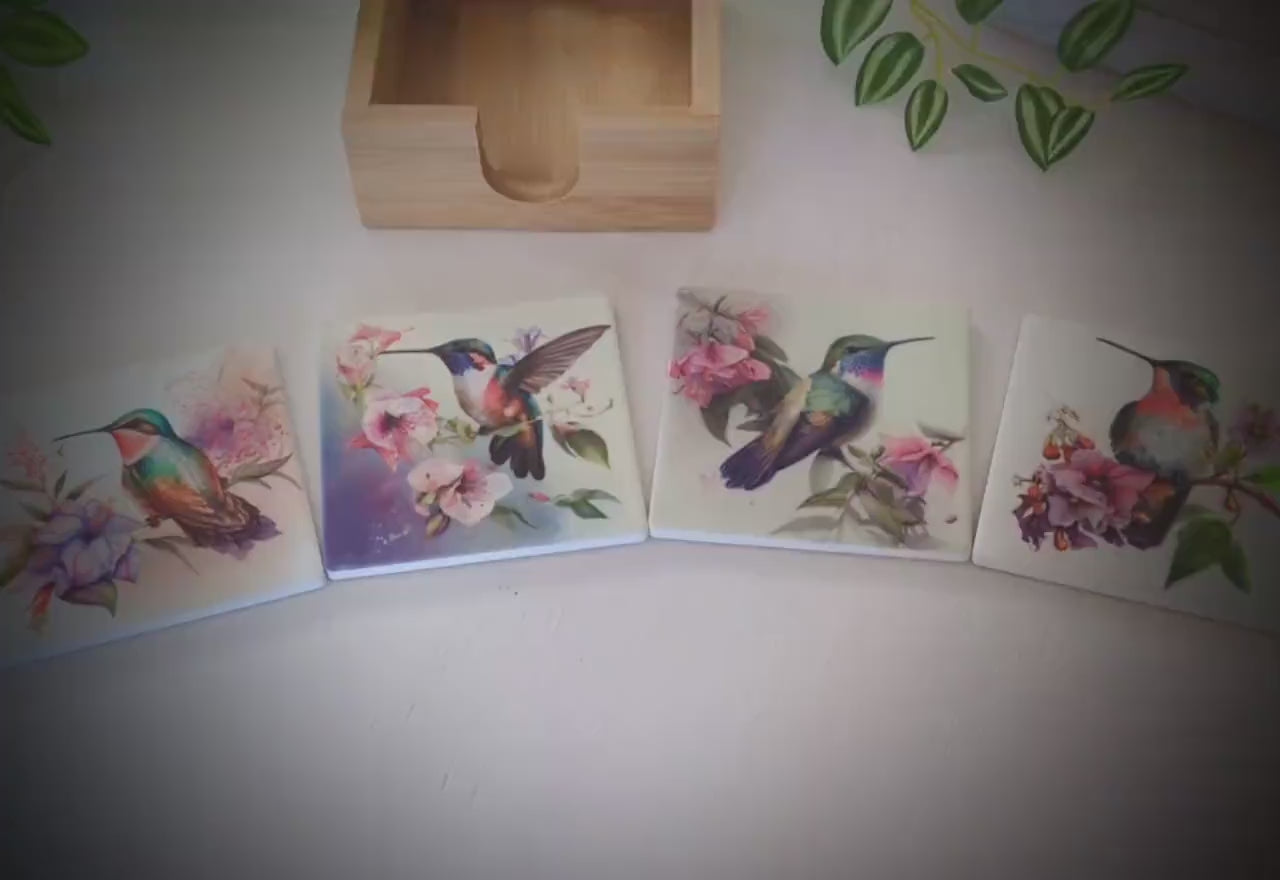 Unique Hummingbird Designs Decorate these Bamboo Drinkware/Beverage Coasters, great Gift for Hummingbird Lover and Mother's Day