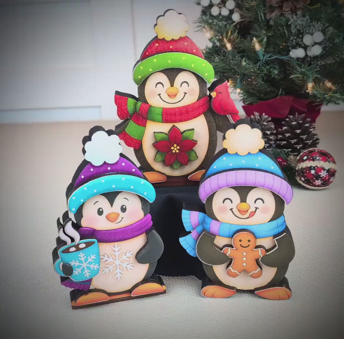Christmas Penguin Shelf Sitters – Set of 3, Single or Multi-Layer, Personalized Names, Holiday Mantel Decor, Three Waddlers = Winter Joy