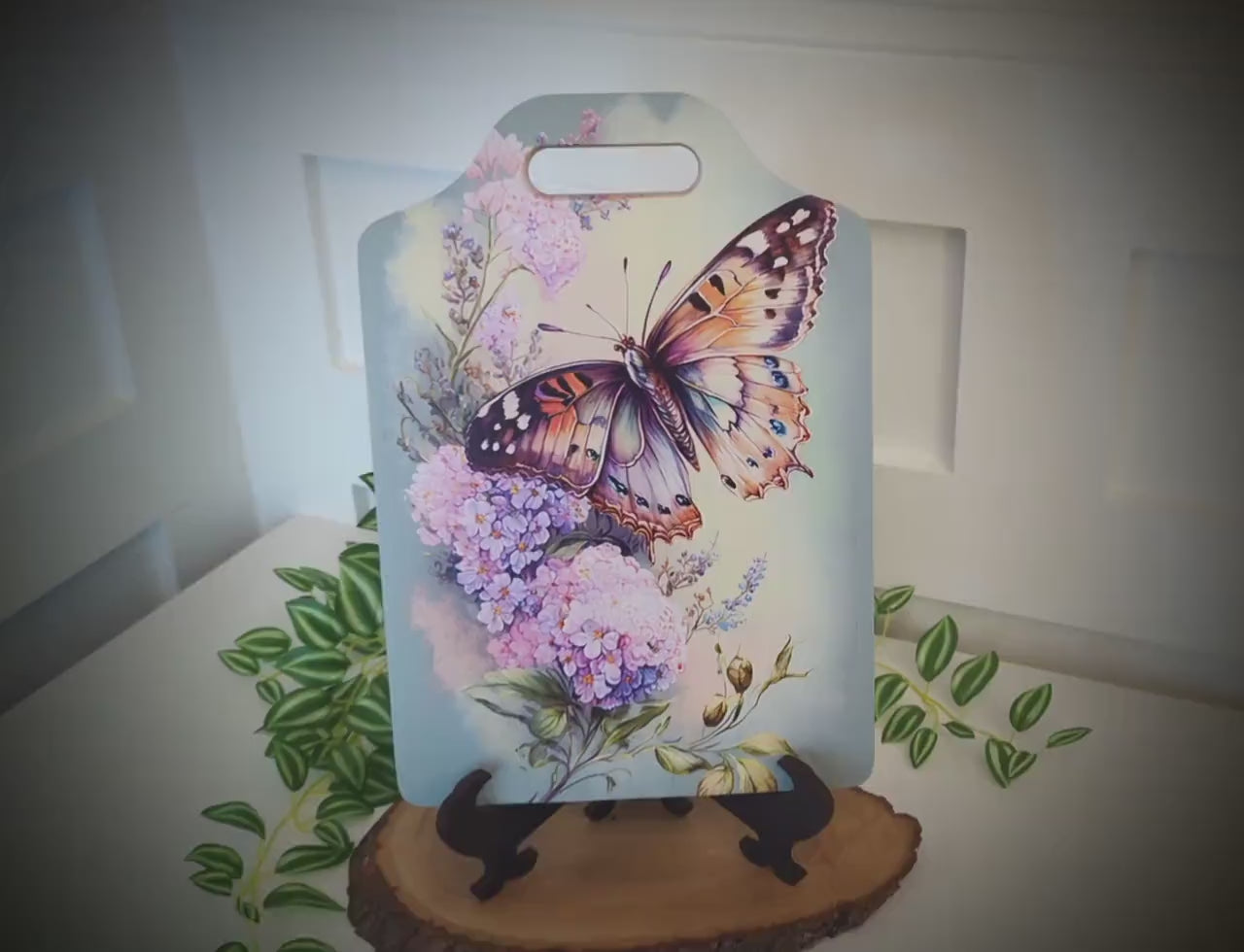 Garden Butterfly Kitchen Decor, Environmentally Friendly Handled Bamboo Cutting Board Decorated with UV Ink with Monarch Butterfly & Lilacs