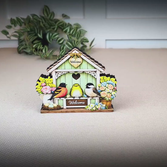 Personalized Green Birdhouse Shelf Sitter – Songbirds and Spring Flowers – Custom Name Kids Room Decor