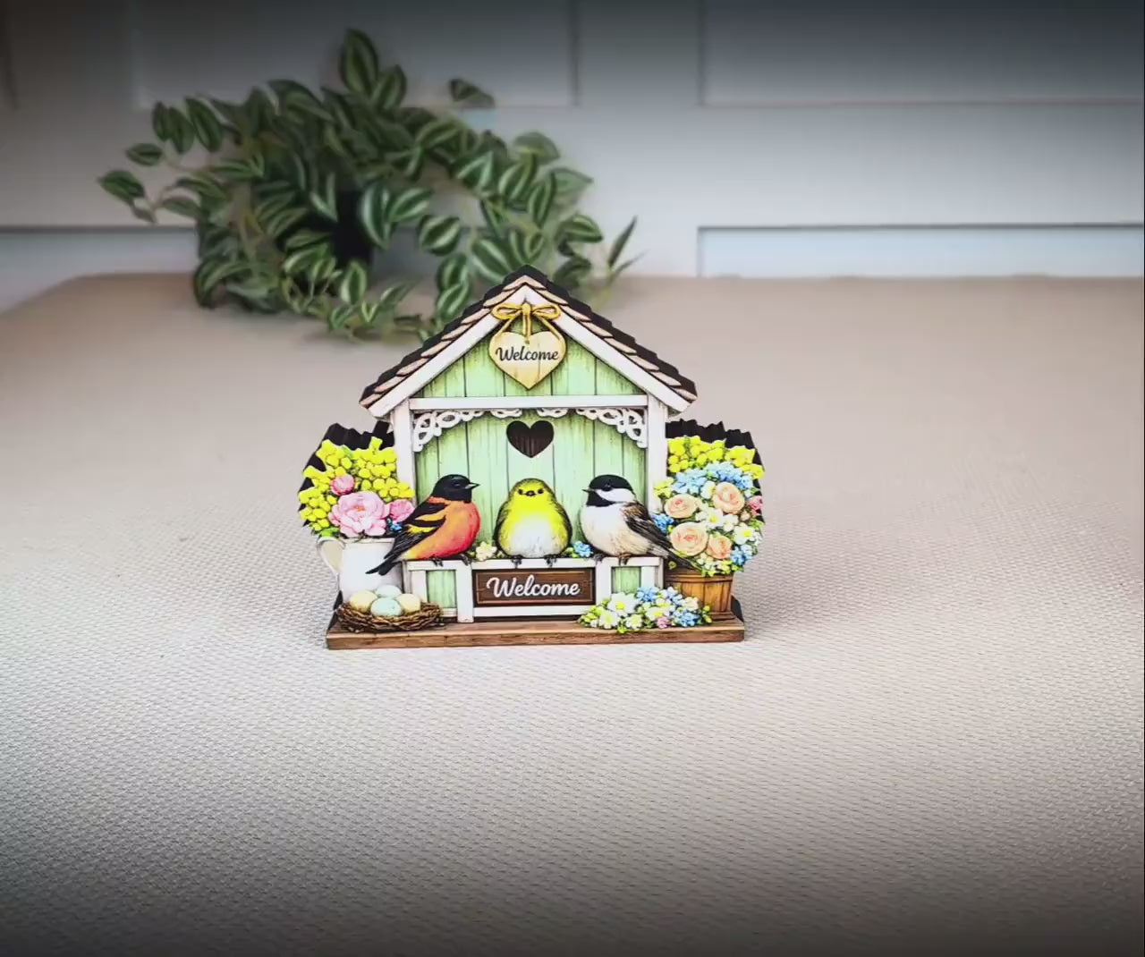 Personalized Green Birdhouse Shelf Sitter – Songbirds and Spring Flowers – Custom Name Kids Room Decor