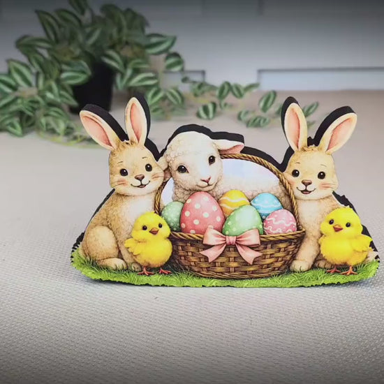 Easter Shelf Sitter – Bunnies, Lamb & Chicks with Eggs Basket, Personalized Wooden Mantel Decor, Perfect Mantel and Tiered Tray Decor