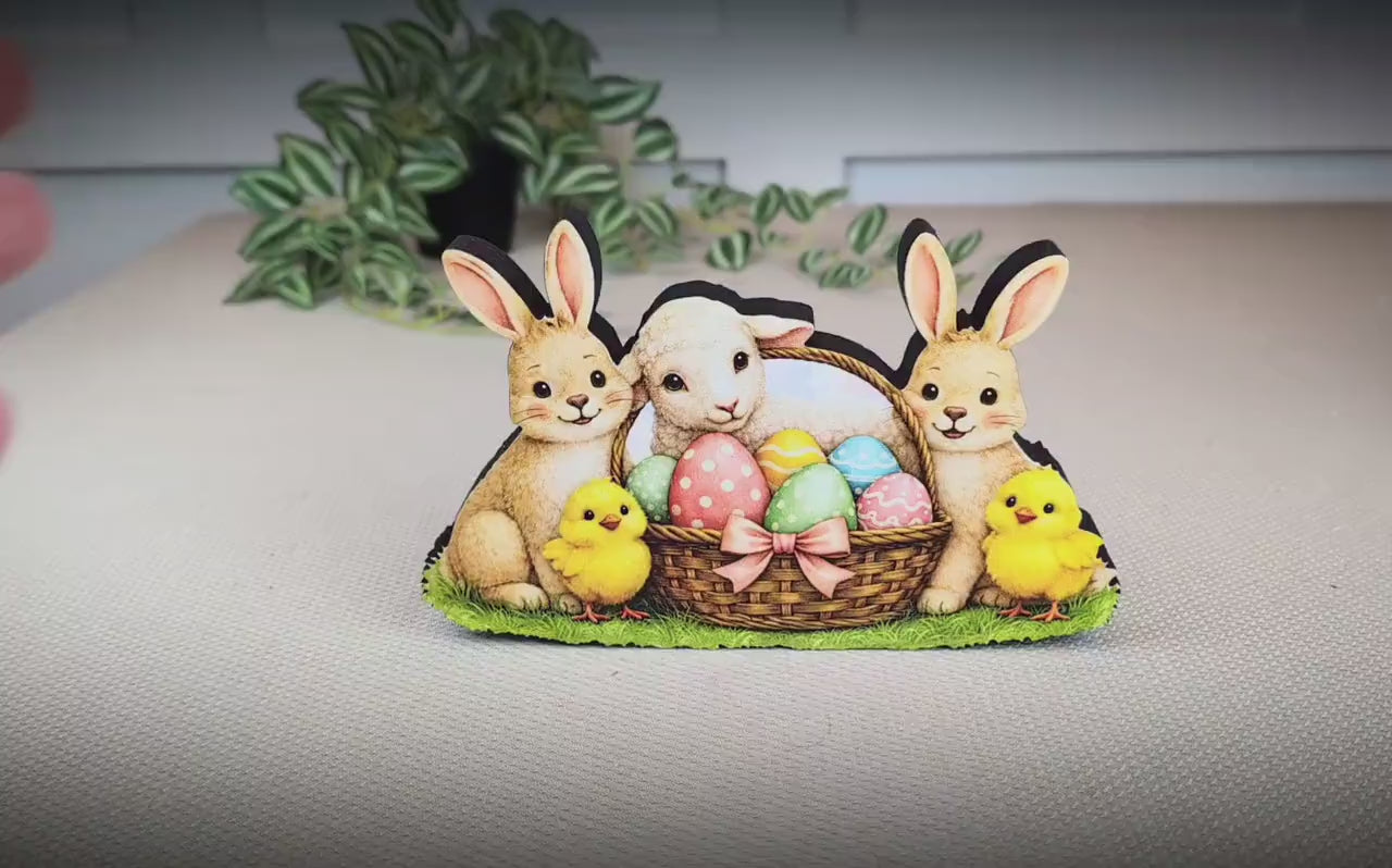 Easter Shelf Sitter – Bunnies, Lamb & Chicks with Eggs Basket, Personalized Wooden Mantel Decor, Perfect Mantel and Tiered Tray Decor