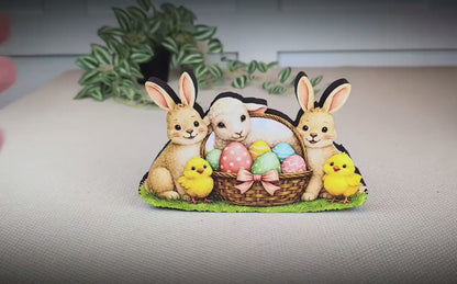 Easter Shelf Sitter – Bunnies, Lamb & Chicks with Eggs Basket, Personalized Wooden Mantel Decor, Perfect Mantel and Tiered Tray Decor