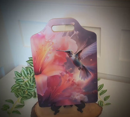 Hummingbird Lilies Kitchen Decor, Environmentally Friendly Handled Bamboo Cutting Board Decorated with UV Ink with Unique Hummingbird Design