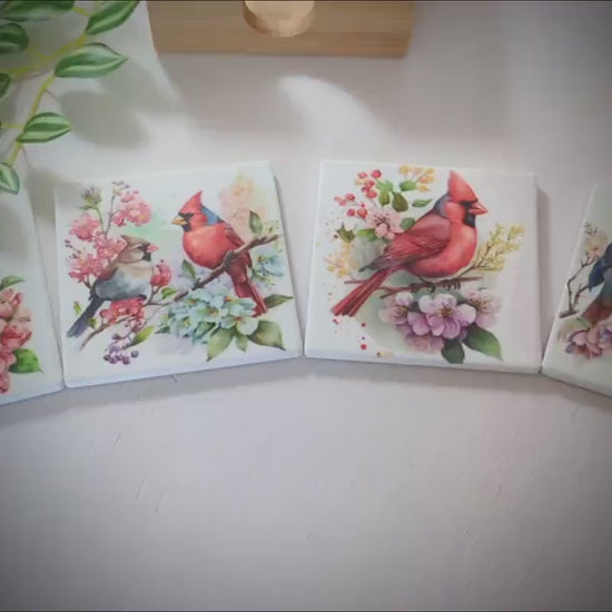 Beautiful Cardinal Decorated Bamboo Coasters w/ Bamboo Caddy, Spring Cardinals for your drinkware as Gift for Cardinal Lovers