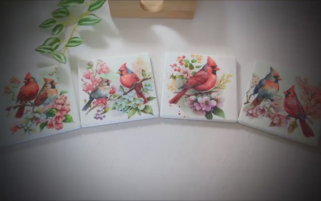 Beautiful Cardinal Decorated Bamboo Coasters w/ Bamboo Caddy, Spring Cardinals for your drinkware as Gift for Cardinal Lovers